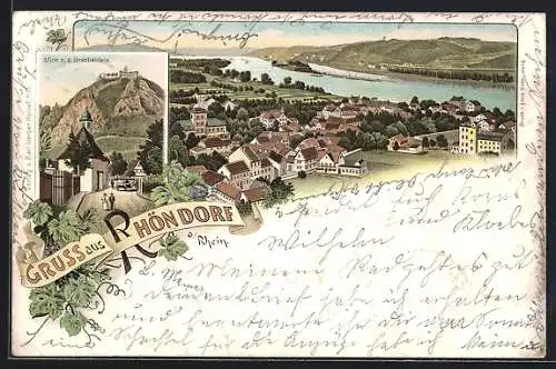 Lithographie Rhöndorf, Ortsansicht und Drachenfels