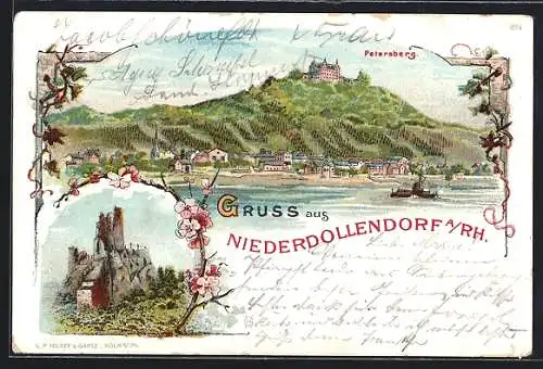 Lithographie Niederdollendorf a. Rh., Petersberg, Ruine