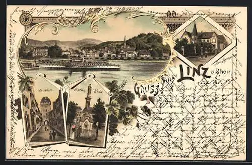 Lithographie Linz a. Rhein, Neues Gymnasium, Neutor, Marien-Säule