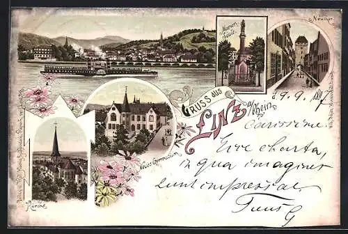 Lithographie Linz a. Rhein, Neues Gymnasium, Kirche, Marien-Säule