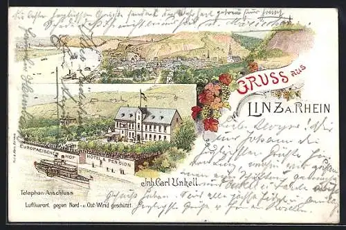 Lithographie Linz / Rhein, Hotel und Pension Europäischer Hof, Dampfer