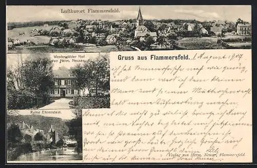 AK Flammersfeld, Totalansicht, Ruine Ehrenstein, Gasthaus Westerwölder Hof