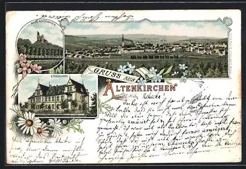 Lithographie Altenkirchen / Westerwald, Ruine Reichenstein und Ständehaus