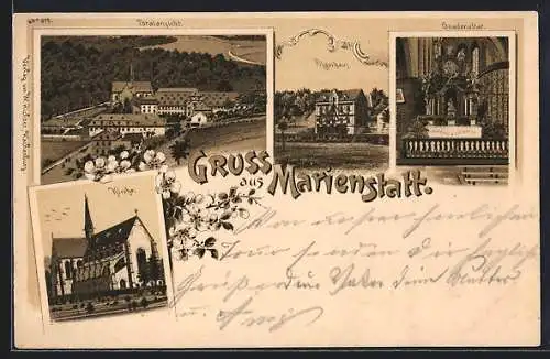 Lithographie Marienstatt, Totalansicht mit Kirche, Pilgerhaus und Gnadenaltar