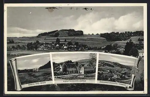 AK Krautscheid /Hennef Sieg Land, Gasthaus Krautscheider Mühle, Akkumulatoren-Fabrik, Rhein-Sieg-Bahn