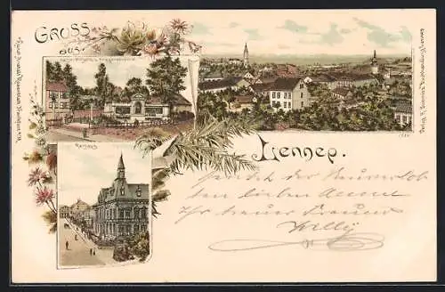 Lithographie Lennep, Rathaus, Kaiser Wilhelm und Kriegerdenkmal