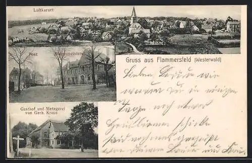 AK Flammersfeld /Westerwald, Gasthof und Metzgerei von Gerh. Kraus, Post und Bürgermeisterei, Teilansicht