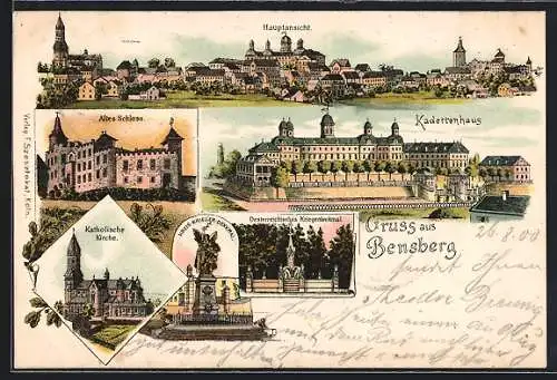 Lithographie Bensberg, Kadettenhaus, Kreis-Krieger-Denkmal, Altes Schloss