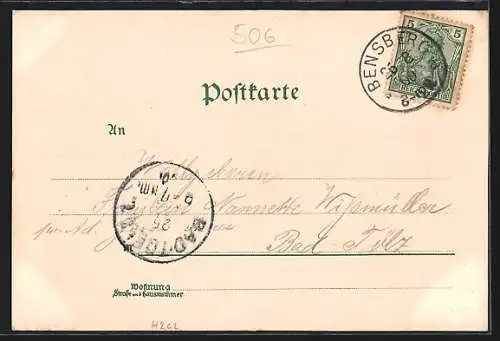 Lithographie Bensberg, Kadettenhaus, Kreis-Krieger-Denkmal, Altes Schloss