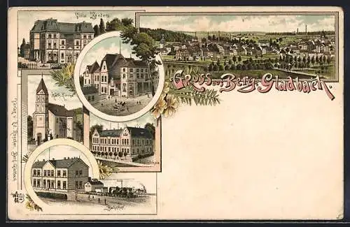 Lithographie Berg. Gladbach, Villa Zanders, Schule, Bahnhof