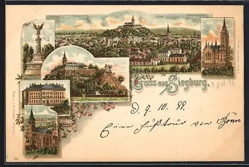 Lithographie Siegburg, Michaelsberg mit Abtei, Kriegerdenkmal, Ortsansicht mit Burg