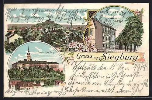 Lithographie Siegburg, Gymnasium, Siegburger Berg, Gesamtansicht