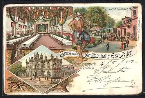 Lithographie Eschweiler, Hotel-Restaurant Schützenhalle H. Huppertz mit Strasse, Festsaal und Garten