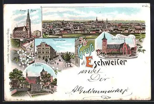 Lithographie Eschweiler, Evangelische Kirche, Rosenallee, St. Antonius-Hospital