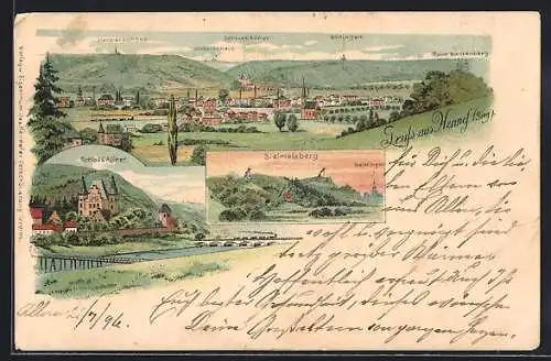 Lithographie Hennef /Sieg, Schloss Allner, Steimelsberg, Ortspanorama mit Umgebung