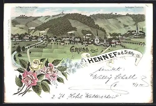 Lithographie Hennef, Panoramablick auf den Ort an der Sieg