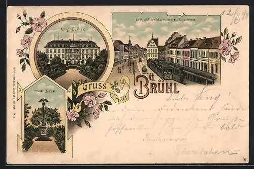 Lithographie Brühl / Rheinl., Markt und Cölnstrasse, Krieger-Denkmal, Schloss