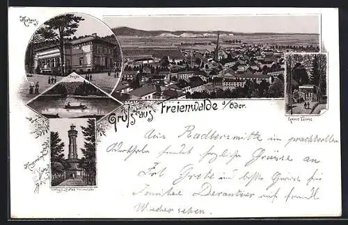 Lithographie Freienwalde /Oder, Kurhaus, Kriegerdenkmal, Totalansicht