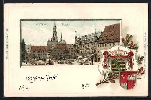 Passepartout-Lithographie Zwickau, Markt und Rathaus, Stadtwappen