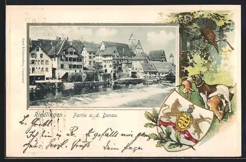 Lithographie Riedlingen / Württ., Partie an der Donau, Jagdhund mit Beute, Auerhahn, Wappen