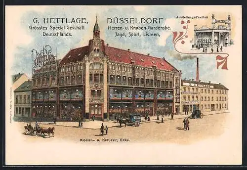 Lithographie Düsseldorf, Modegeschäft von G. Hettlage Ecke Kloster und Kreustrasse, Ausstellungs-Pavillon