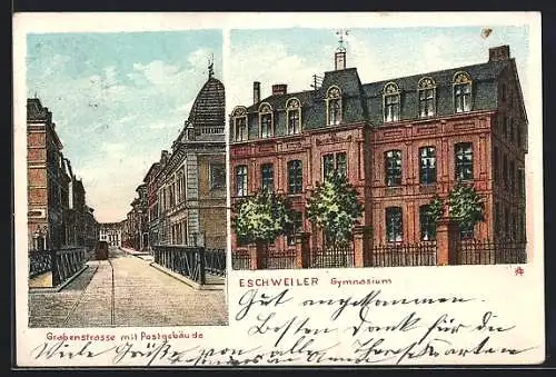 Lithographie Eschweiler, Grabenstrasse mit Post und Strassenbahn, Gymnasium