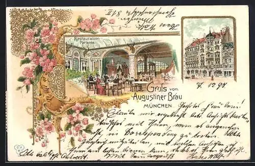 Lithographie München, Gasthaus Augustiner Bräu mit Strasse, Hof mit Innenansicht