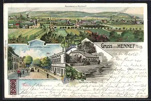 Lithographie Hennef, Frankfurterstrasse, Terrasse a. d. Sieg, Panorama mit Umgebung