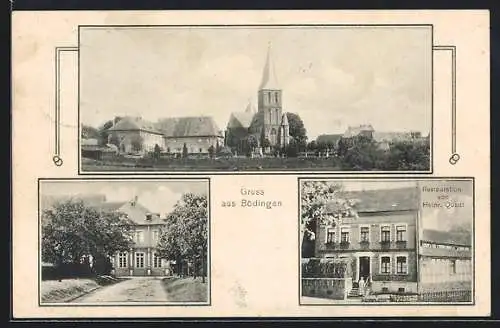 AK Bödingen, Restaurant von Heinr. Quadt, Blick auf die Kirche