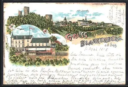 Lithographie Blankenberg a. d. Sieg, Hotel Honrath und Gesamtansicht