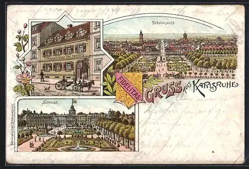 Lithographie Karlsruhe, Gasthaus zur Carlsburg, Schloss und Totalansicht