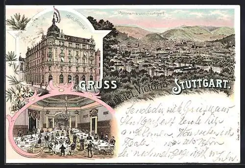 Lithographie Stuttgart, Hotel Victoria, Innenansicht und Panorama