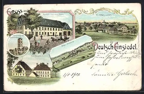 Lithographie Deutscheinsiedel, Gasthof Zum deutschen Kaiser, Haselstein mit Aussichtsturm, Bad Einsiedel