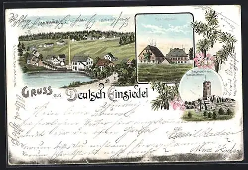 Lithographie Deutsch-Einsiedel, Ortsansicht von Böhmen aus, Haselstein mit Aussichtsturm