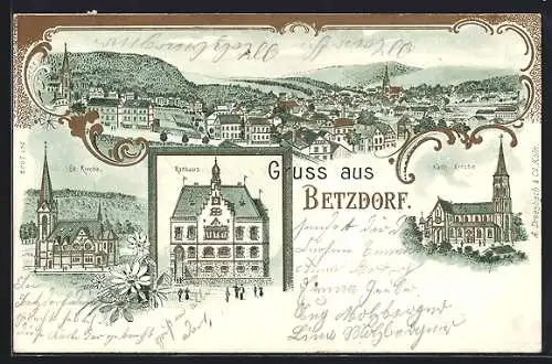 Lithographie Betzdorf, Kath. & Ev. Kirche, Rathaus, Totalansicht