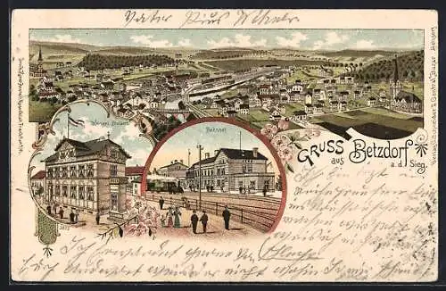 Lithographie Betzdorf a. d. Sieg, Bahnhof, Kaiserl. Postamt und Gesamtansicht