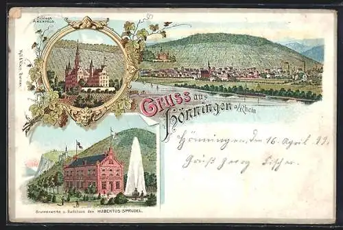 Lithographie Bad Hönningen, Totalansicht, Schloss Arenfels, Brunnenwerke & Badehaus des Hubertus-Sprudel