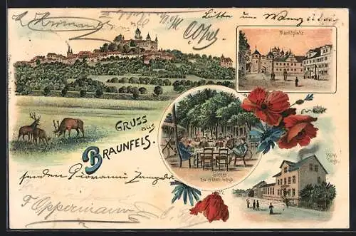 Lithographie Braunfels, Hotel Seb, Marktplatz und Gesamtansicht mit äsendem Rotwild