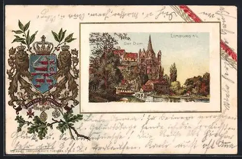 Passepartout-Lithographie Limburg a. L., Der Dom, geprägter Rahmen mit Wappen