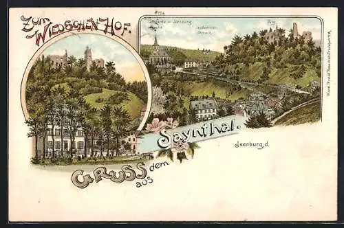 Lithographie Isenburg / Sayntal, Gasthaus, Panorama mit Kirche, Jagdschloss Sayneck und Burg