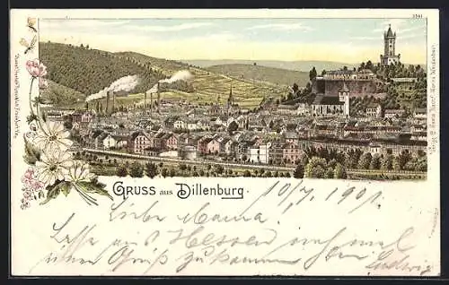 Lithographie Dillenburg, Gesamtansicht mit dem Wilhelmsturm