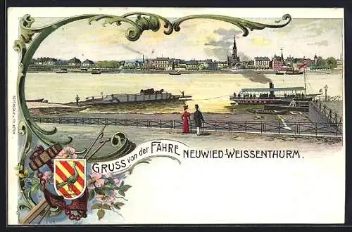 Passepartout-Lithographie Neuwied-Weissenthurm, Ansicht der Fähre, Rahmen mit Wappen