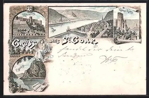 Lithographie St. Goar, Rheinfels, Loreley und Ruine Katz