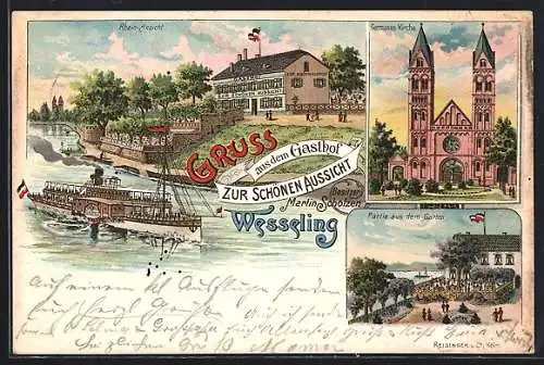 Lithographie Wesseling, Gasthof zur Schönen Aussicht, Rhein-Ansicht, Germanus-Kirche und Partie aus dem Garten