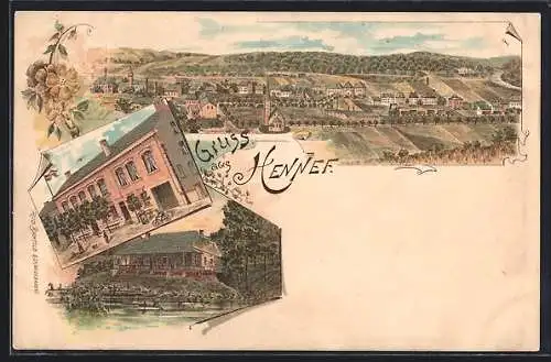 Lithographie Hennef, Hotel-Restaurant R. Walterscheid und Ortsansicht