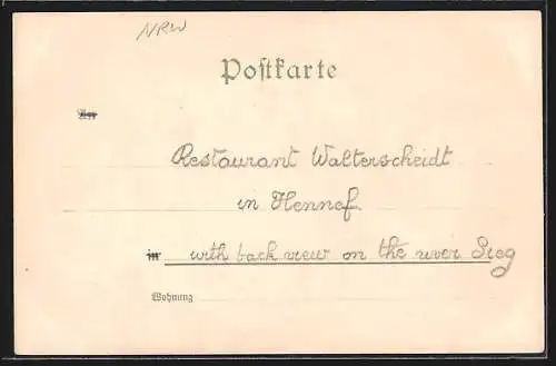 Lithographie Hennef, Hotel-Restaurant R. Walterscheid und Ortsansicht