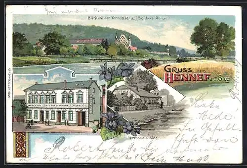 Lithographie Hennef a. d. Sieg, Hotel von Joh. Laa, Blick auf Schloss Allner