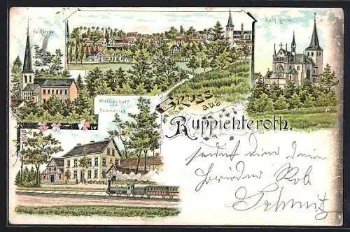 Lithographie Ruppichteroth, Gasthaus von Bohmerich, Kath. und Ev. Kirche