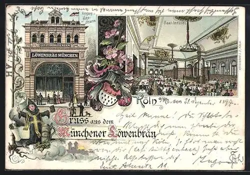 Lithographie Köln a. Rh., Restaurant Münchener Löwenbräu, Saal-Inneres