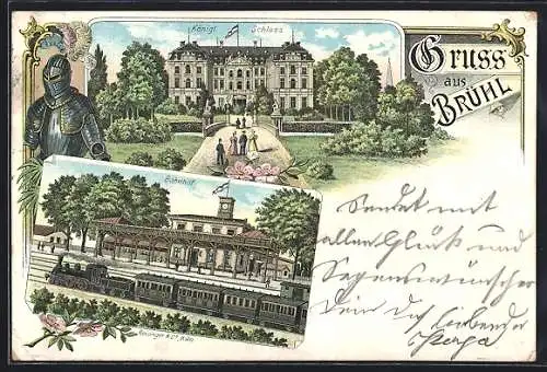 Lithographie Brühl / Rheinl., Bahnhof und Königliches Schloss